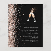 Zwart roos gouden glitter proost verjaardagsuitnod (Voorkant)
