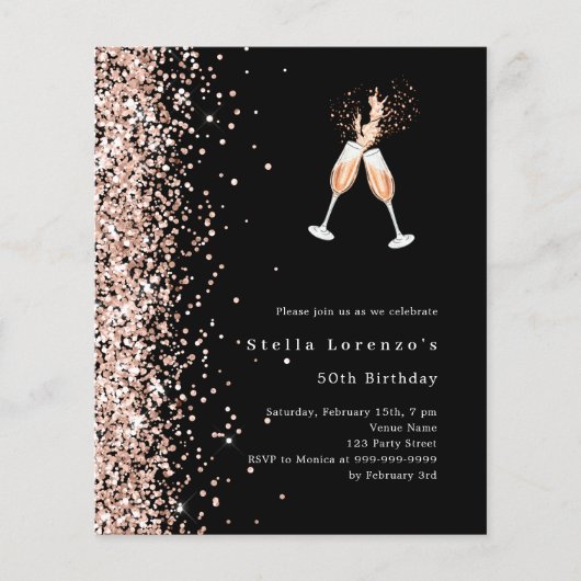 Zwart roos gouden glitter proost verjaardagsuitnod (Voorkant)