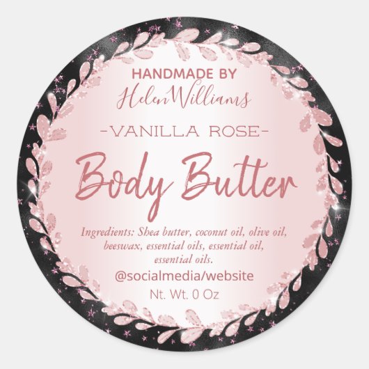 Zwart Roos Gouden Glitter Sterren Body Butter Labe Ronde Sticker (Voorkant)