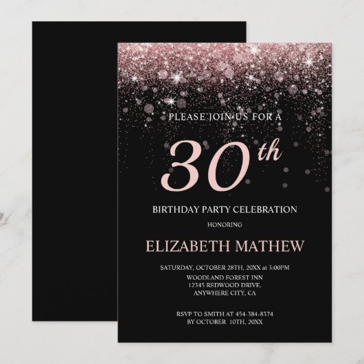 Zwart Roos Gouden Glitter Verjaardag Gepersonalise Kaart (Voorkant / Achterkant)