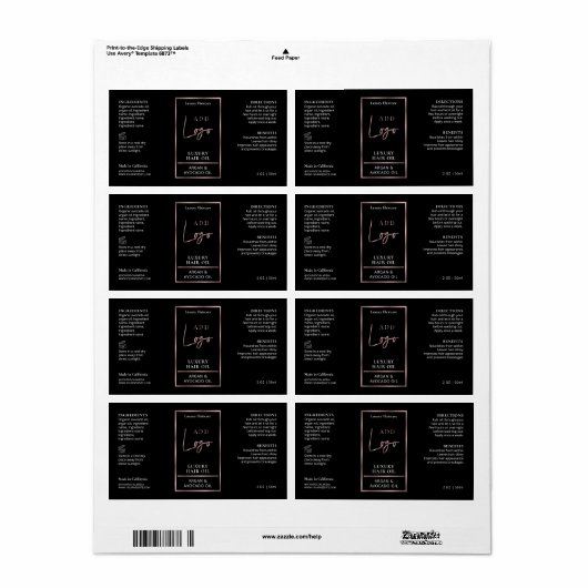 Zwart & Roos Gouden Logo 2 OZ Kosmetische Flesseno Etiket (Full Sheet)