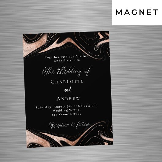 Zwart roos gouden marmer modern luxe bruiloft magnetische uitnodiging