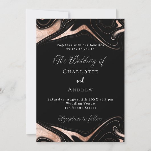 Zwart roos gouden marmer moderne bruiloft kaart (Voorkant)