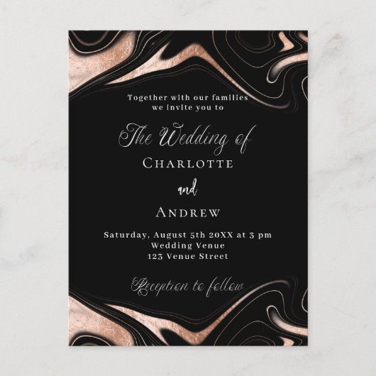 Zwart roos gouden marmer moderne bruiloft uitnodiging briefkaart (Voorkant)