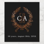 Zwart roos gouden monogram 50ste trouwdag wijn etiket (Enkel label)