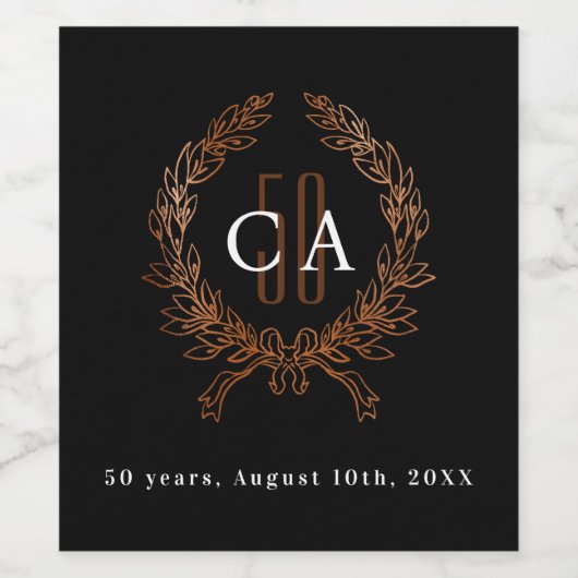 Zwart roos gouden monogram 50ste trouwdag wijn etiket (Enkel label)