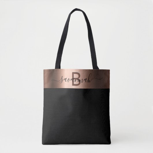 Zwart roos gouden monogram naam tote bag (Voorkant)