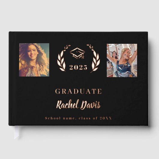 Zwart roos gouden naam script foto Afstuderen Gastenboek (Voorkant)