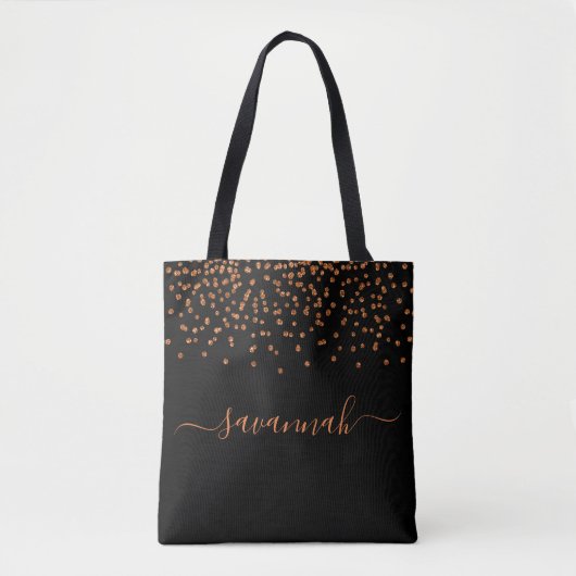 Zwart roos gouden naamscript tote bag (Voorkant)