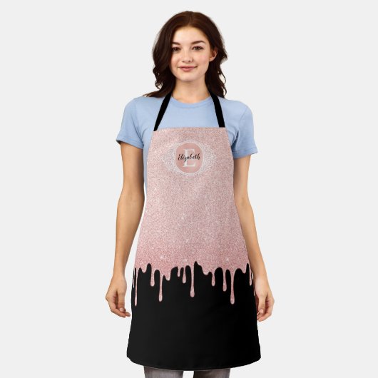 Zwart Roos Gouden Sparkle Glitter Druppels Schort (Gedragen)