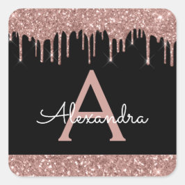 Zwart Roos Gouden Sparkle Glitter Monogram Vierkante Sticker