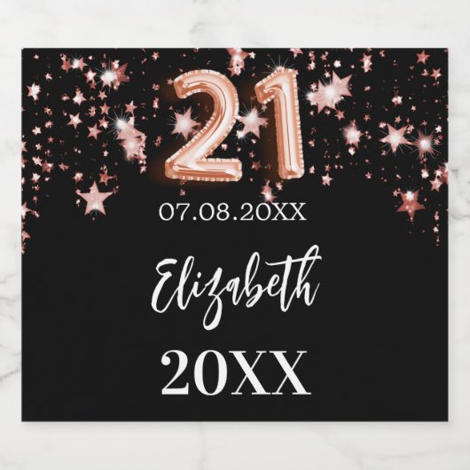 Zwart roos gouden sterren 21e verjaardag sparkling wijnetiket (Enkel label)