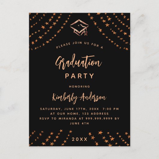 Zwart roos gouden sterren afstudeerfeest modern ja uitnodiging briefkaart (Voorkant)