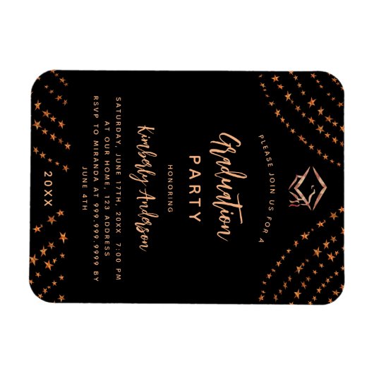 Zwart roos gouden sterren afstudeerfeest uitnodigi magneet (Horizontaal)