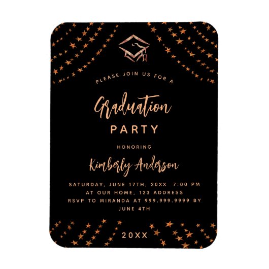 Zwart roos gouden sterren afstudeerfeest uitnodigi magneet (Verticaal)