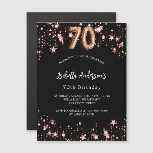 Zwart roos gouden sterren luxe 70e verjaardag magnetische uitnodiging (Voorkant / Achterkant)