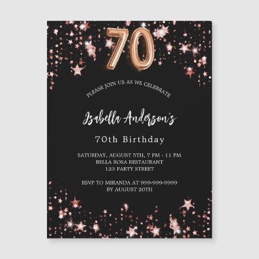 Zwart roos gouden sterren luxe 70e verjaardag magnetische uitnodiging (Voorkant)