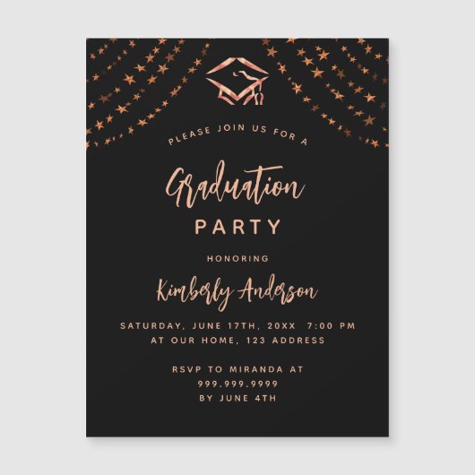 Zwart roos gouden sterren luxe afstudeerfeest magnetische uitnodiging (Voorkant)
