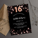 Zwart roos gouden sterren Sweet 16 Uitnodiging Briefkaart<br><div class="desc">Een klassieke zwarte achtergrond,  versierd met rozen gouden sterren. Personaliseer en voeg een naam en feestdetails toe. Nummer 16 is geschreven met een ballonstijlscript.</div>