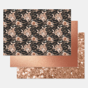 Zwart Roos Gouden Tijger Bloemen Glam Glitter Inpakpapier Vel