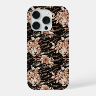 Zwart Roos Gouden Tijger Bloemen iPhone 15 Pro Case