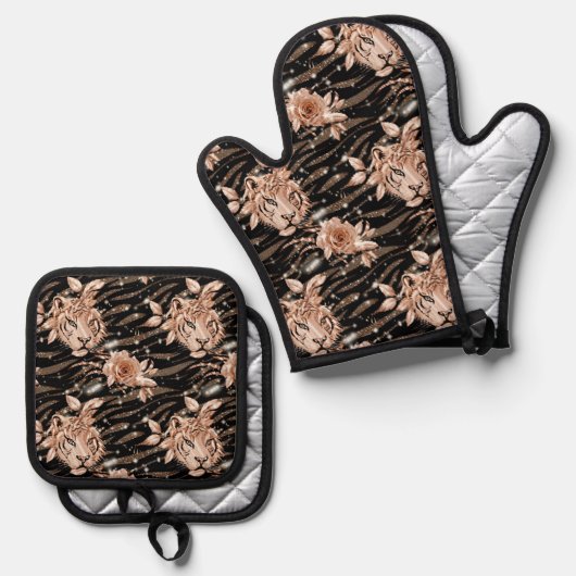Zwart Roos Gouden Tijger Bloemen Ovenwant & Pannenlap Set (Voorkant / Achterkant)