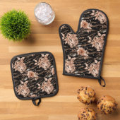 Zwart Roos Gouden Tijger Bloemen Ovenwant & Pannenlap Set (Top down)