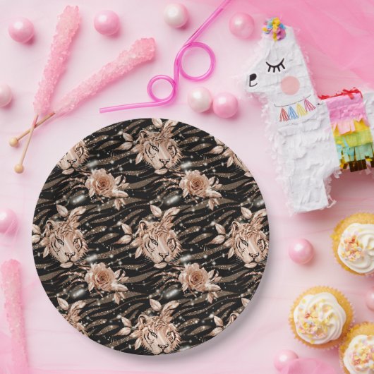 Zwart Roos Gouden Tijger Bloemen Papieren Bordje (Feest)