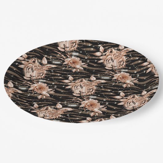 Zwart Roos Gouden Tijger Bloemen Papieren Bordje (Gekanteld)