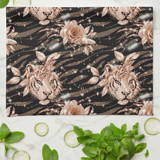 Zwart Roos Gouden Tijger Bloemen Theedoek (Gevouwen)