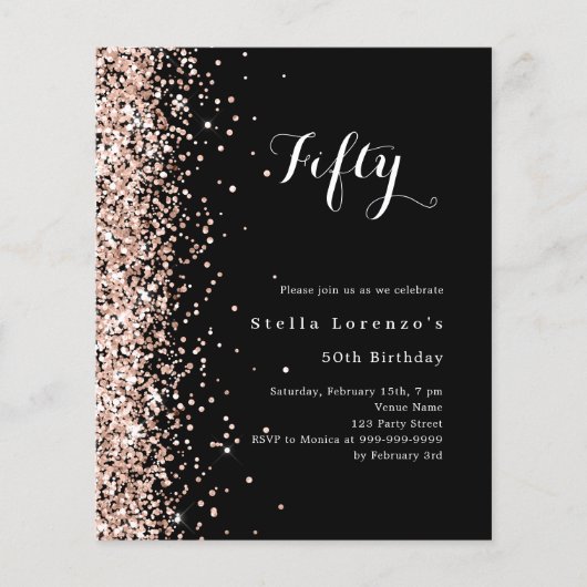 Zwart roos gouden verjaardagsuitnodiging (Voorkant)