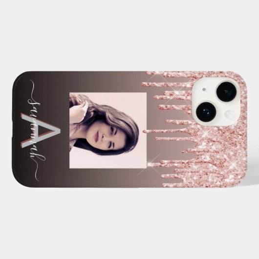 Zwart roos goudglitter druppelt foto monogram Case-Mate iPhone case (Achterkant (horizontaal))