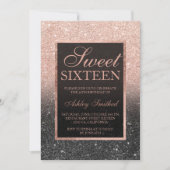 Zwart roos goudglitter elegant sweet 16 kaart (Voorkant)
