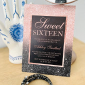 Zwart roos goudglitter elegant sweet 16 kaart