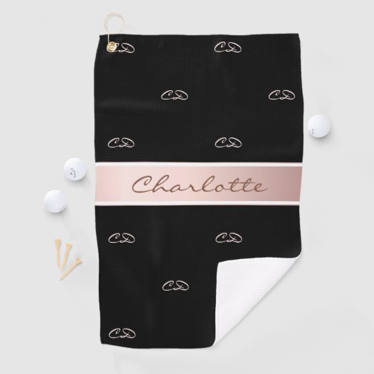 Zwart roos goudmonogram initiaal naam elegant golfhanddoek (Insitu)