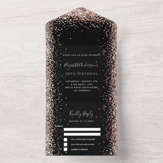 Zwart roos goudstaartglitter verjaardag rsvp all in one uitnodiging (Binnen)