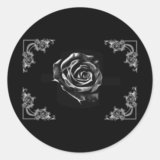 Zwart roos klassiek ontwerp ronde sticker (Voorkant)