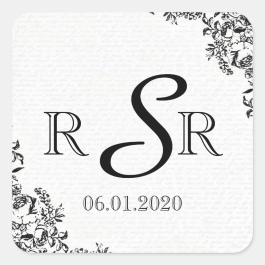 Zwart Roos Liefdesbrief Bruiloft Monogram Vierkante Sticker (Voorkant)