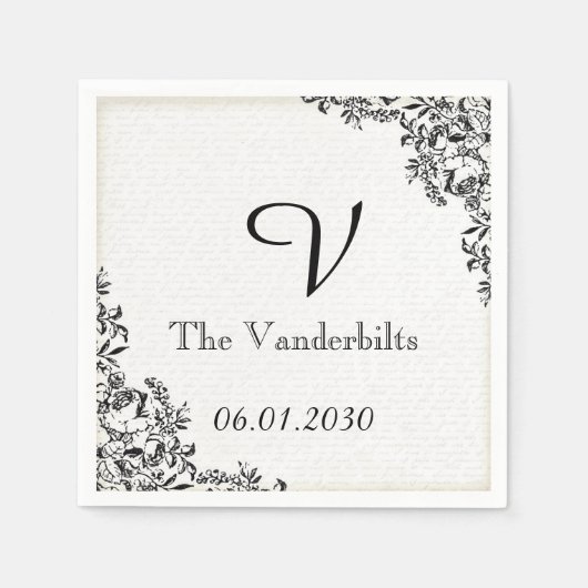 Zwart Roos Liefdesbrief Monogram Bruiloft Servetten (Voorkant)