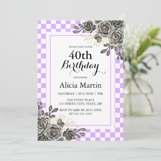 Zwart Roos Mauve & Wit Geruite Verjaardag Kaart (Staand voorkant)