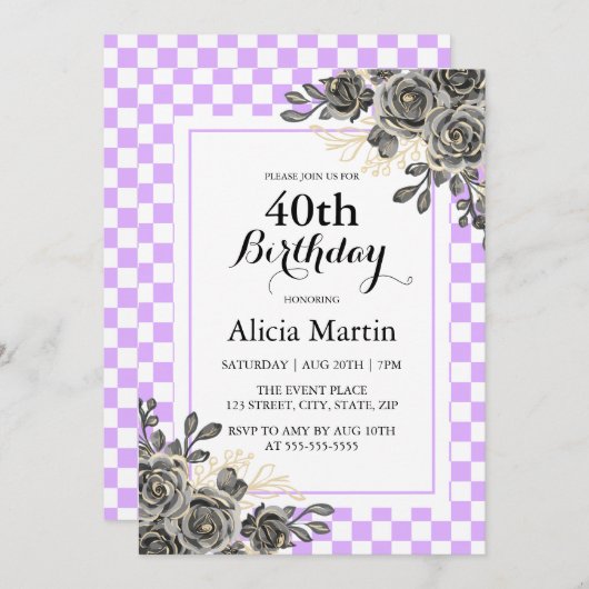 Zwart Roos Mauve & Wit Geruite Verjaardag Kaart (Voorkant / Achterkant)