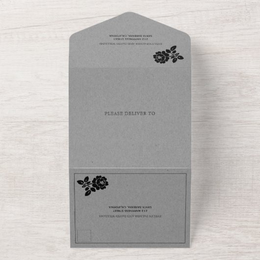  zwart roos met grijs kraftpapier all in one uitnodiging (Buitenkant)