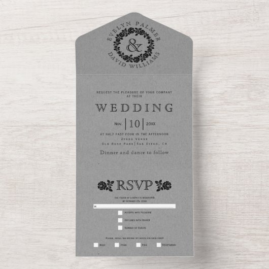  zwart roos met grijs kraftpapier all in one uitnodiging (Binnen)