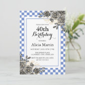 Zwart Roos Paarse Blauw & Wit Geruite Verjaardag Kaart (Staand voorkant)