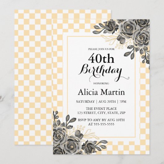 Zwart Roos Peach & White Checkered Verjaardag Kaart (Voorkant / Achterkant)