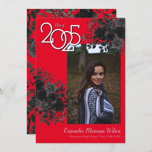 Zwart Roos Rood School Colors Afstuderen Kaart (Voorkant / Achterkant)