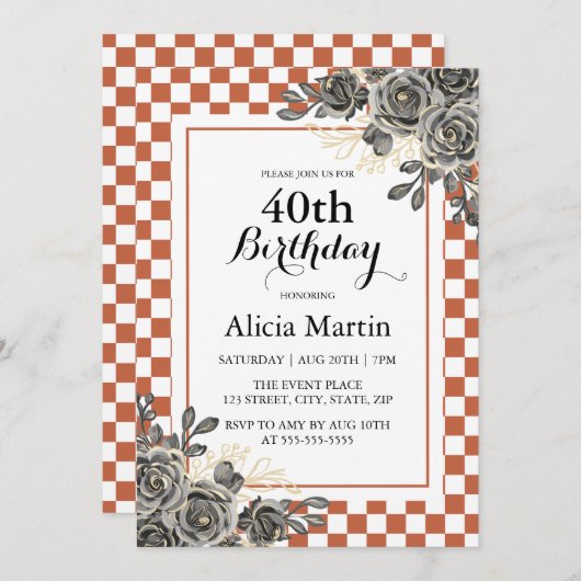 Zwart Roos Rust & Wit Geruite Verjaardag Kaart (Voorkant / Achterkant)