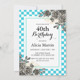 Zwart Roos Turquoise & White Checkered Verjaardag Kaart