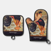 Zwart  Rooster Gepersonaliseerde monogram naam Ovenwant & Pannenlap Set (Voorkant)