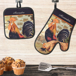 Zwart  Rooster Gepersonaliseerde monogram naam Ovenwant & Pannenlap Set